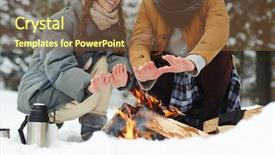  Presentation with campfire - PPT theme with puffy jackets sitting by campfire background and a tawny brown colored foreground