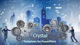  Presentation with business diversity wheel chair - Presentation having pull system - businessman pushing cog wheels background and a ocean colored foreground