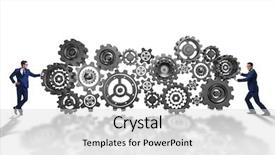  Presentation with business diversity wheel chair - Audience pleasing slide set consisting of pull system - businessman pushing cog wheels backdrop and a light gray colored foreground