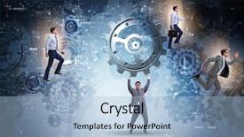  Presentation with supporting - Presentation design with pull system - businessman supporting gear in teamwork background and a light blue colored foreground