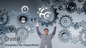  Presentation with supporting - Amazing PPT theme having pull system - businessman supporting gear in teamwork backdrop and a light gray colored foreground