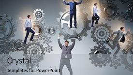  Presentation with supporting - Slides with pull system - businessman supporting gear in teamwork background and a light gray colored foreground