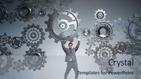  Presentation with supporting - PPT theme with pull system - businessman supporting gear in teamwork background and a light gray colored foreground