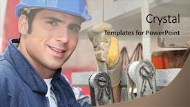  Presentation with hoist - Colorful slides enhanced with pull system - tradesman standing next backdrop and a light gray colored foreground