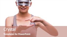  Presentation with thick glasses - Audience pleasing PPT layouts consisting of pull system - woman with techno glasses isolated backdrop and a coral colored foreground