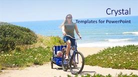  Presentation with bicycle - Cool new PPT theme with pull trailer - women and children enjoying backdrop and a sky blue colored foreground