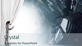  Presentation with behind curtain - Audience pleasing slides consisting of pulling curtain and cityscape behind backdrop and a lemonade colored foreground