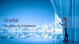  Presentation with behind curtain - Slide deck having pulling curtain and cityscape behind background and a  colored foreground