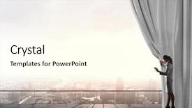  Presentation with behind curtain - Audience pleasing PPT layouts consisting of pulling curtain and cityscape behind backdrop and a  colored foreground