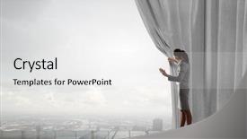  Presentation with behind curtain - Audience pleasing presentation theme consisting of pulling curtain and cityscape behind backdrop and a  colored foreground