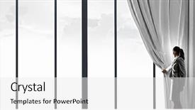  Presentation with behind curtain - Colorful presentation design enhanced with pulling curtain and cityscape behind backdrop and a  colored foreground