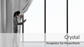  Presentation with behind curtain - Beautiful PPT theme featuring pulling curtain and cityscape behind backdrop and a  colored foreground