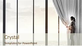  Presentation with behind curtain - Slide deck consisting of pulling curtain and cityscape behind background and a  colored foreground