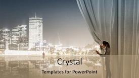  Presentation with behind curtain - Audience pleasing PPT theme consisting of pulling curtain and cityscape behind backdrop and a  colored foreground