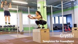  Presentation with woman sport - PPT layouts having pulling together - fitness sport training exercising background and a coral colored foreground