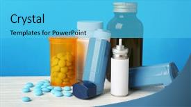  Presentation with pulmonary - Audience pleasing slides consisting of pulmonary - asthma inhalers with medicines backdrop and a cyan colored foreground