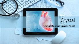  Presentation with modern medicine cardiology concept mixed - Colorful slide deck enhanced with pulse light - tablet and keyboard on table backdrop and a light blue colored foreground