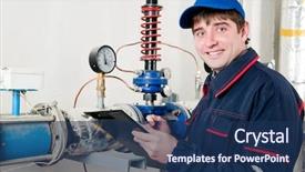  Presentation with maintenance industry - Presentation theme having pump industry - cheerful maintenance engineer checking technical background and a navy blue colored foreground