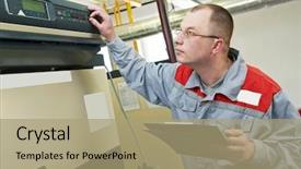  Presentation with house heating - PPT theme featuring pump industry - maintenance engineer checking technical data background and a mint green colored foreground