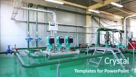  Presentation with machinery - Presentation with pump pumping - pipes tubes machinery at factory background and a ocean colored foreground
