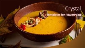  Presentation with milk coconut - PPT theme featuring pumpkin-cream-soup-with-coconut background and a wine colored foreground