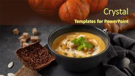  Presentation with healthy soup - Amazing PPT theme having pumpkin-cream-soup-with-pumpkin backdrop and a tawny brown colored foreground