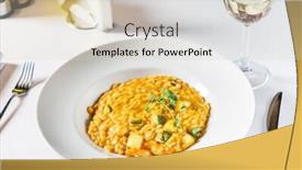  Presentation with restaurant personal appearance - Slide set having rice wine - pumpkin risotto in the restaurant background and a lemonade colored foreground