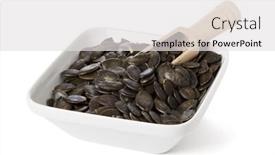  Presentation with pumpkin seeds - Slide set consisting of pumpkin seeds in a bowl with wooden shovel isolated on white background background and a light gray colored foreground