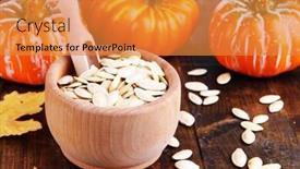  Presentation with pumpkin seeds - Colorful PPT theme enhanced with pumpkin seeds in wooden bowl with pumpkins on table close up backdrop and a gold colored foreground