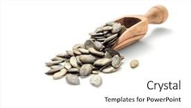 Presentation with seed oil - Theme enhanced with pumpkin seeds in wooden scoop background and a white colored foreground