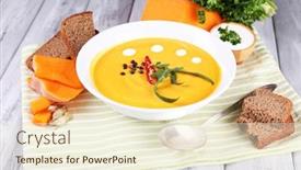  Presentation with napkin - PPT theme enhanced with pumpkin-soup-in-white-plate background and a cream colored foreground