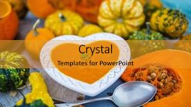  Presentation with healthy soup - Presentation design featuring pumpkin - traditional seasonal pumpkin soup healthy food vegetarian cuisine background and a gold colored foreground