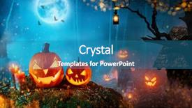  Presentation with creepy forest - Presentation theme consisting of pumpkins in dark mistery forest background and a teal colored foreground
