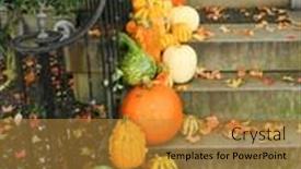  Presentation with halloween pumpkins thanksgiving day - Colorful presentation design enhanced with pumpkins in front of the door during halloween backdrop and a gold colored foreground