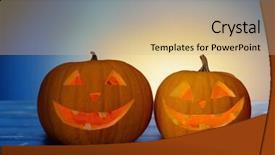  Presentation with decoration - PPT layouts consisting of pumpkins on table over blue background and a coral colored foreground