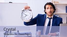  Presentation with working - Cool new slides with punctual workers - young handsome businessman working backdrop and a light blue colored foreground