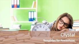  Presentation with many books - Cool new PPT theme with punctuality - young female student preparing backdrop and a coral colored foreground