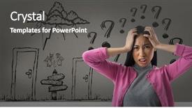  Presentation with question marks - Slide deck consisting of punctuation - digital composite of frustrated woman background and a dark gray colored foreground