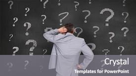  Presentation with questions - Colorful slide deck enhanced with punctuation - digitally generated of businessman looking backdrop and a gray colored foreground