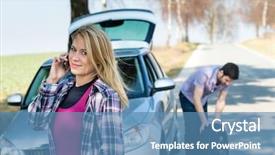 Presentation with change - Presentation theme with puncture tire woman calling assistance background and a teal colored foreground