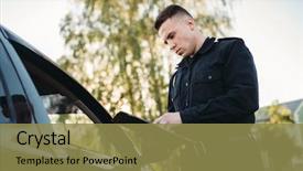  Presentation with driver - Presentation theme featuring punishment - policeman in uniform writes fine background and a gold colored foreground