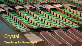  Presentation with river plastic pollution - Slide deck featuring punt-chained-together-on-river background and a tawny brown colored foreground