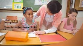  Presentation with pupil - PPT theme featuring pupil-and-teacher-at-desk background and a coral colored foreground