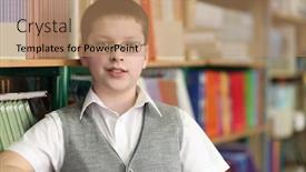  Presentation with pupil - Presentation theme enhanced with pupil in grey jacket and spectacles on background of shelves with books background and a coral colored foreground