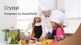  Presentation with master chef - Audience pleasing PPT theme consisting of pupil kid girls at cooking backdrop and a sky blue colored foreground