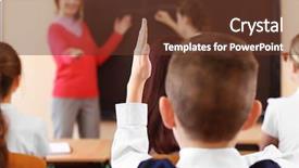  Presentation with pupil - Colorful presentation theme enhanced with pupil listening teacher and raising hands to answer in classroom backdrop and a tawny brown colored foreground