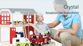  Presentation with fire station - Slide set featuring pupil playing with wooden fire background and a sky blue colored foreground