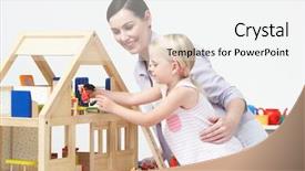  Presentation with pupil - Presentation design featuring pupil playing with wooden house background and a white colored foreground