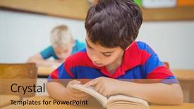  Presentation with elementary school - PPT theme having pupil reading a school book background and a coral colored foreground