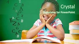  Presentation with pupil - Slide deck with pupil sitting at her desk against green background and a ocean colored foreground